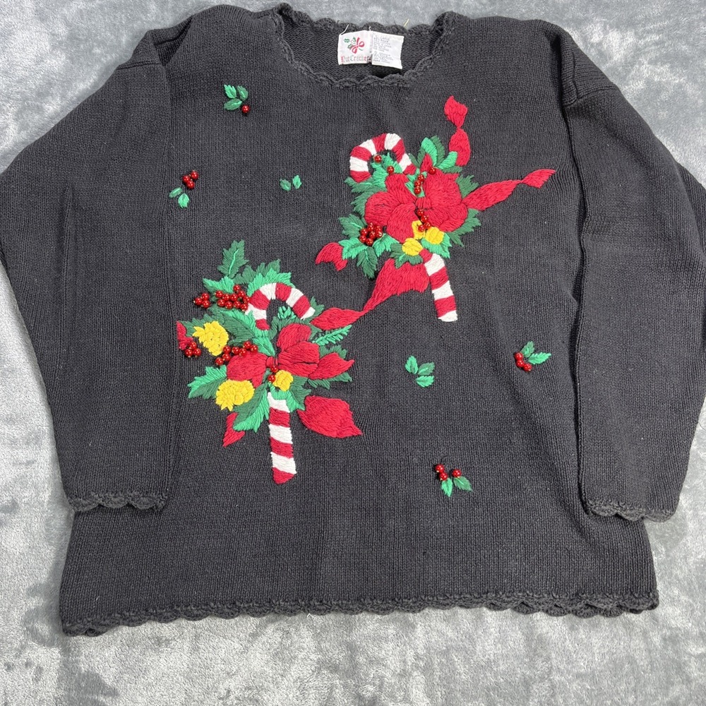 Vintage Nutcracker Ugly Christmas‎ Sweater Womens L Black Candy Cane Padded 90s